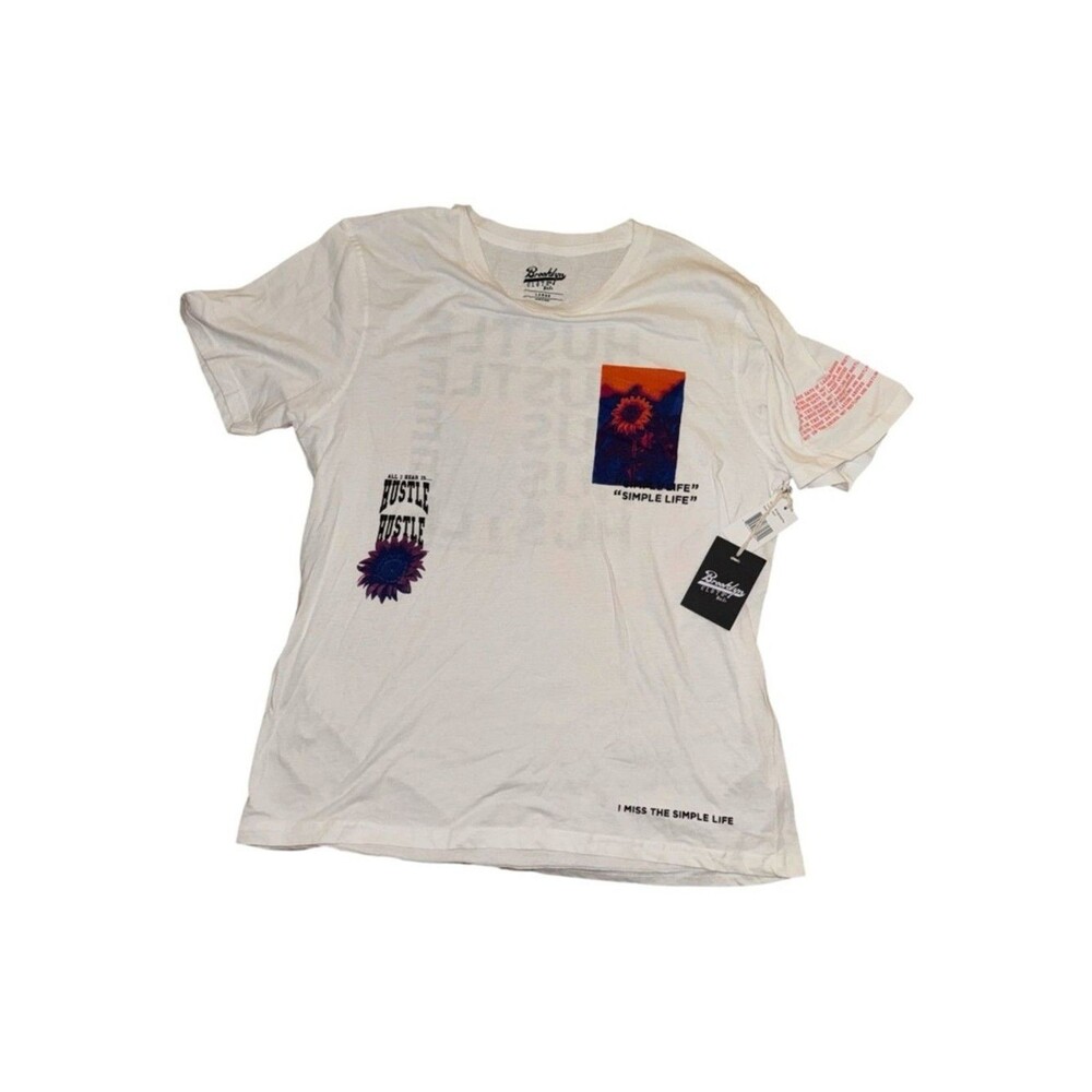 Brooklyn clothing Graphic White Tee with Purple & Orange Sunflower Sz L